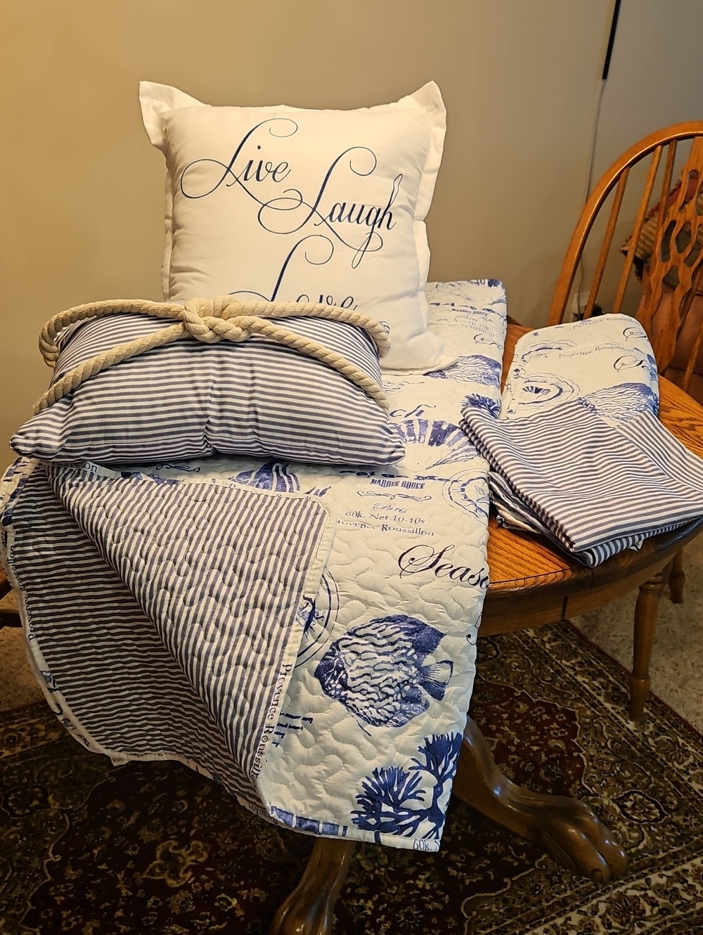Nautical Blue and White Coastal Quilt Set with Script Accent Pillow. F/Q